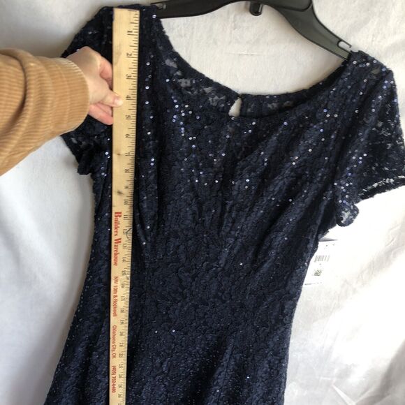 NWT SLNY Semi-Formal Navy Fluted Skirt, Short Sleeve, Midi Sequins Gown Size 6 - Picture 7 of 10